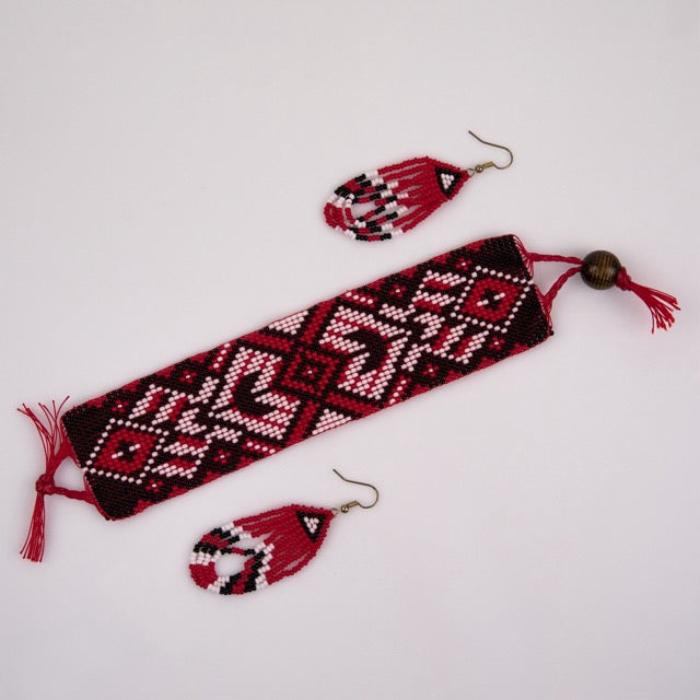 Red, Black, and White Bracelet and Earring Set